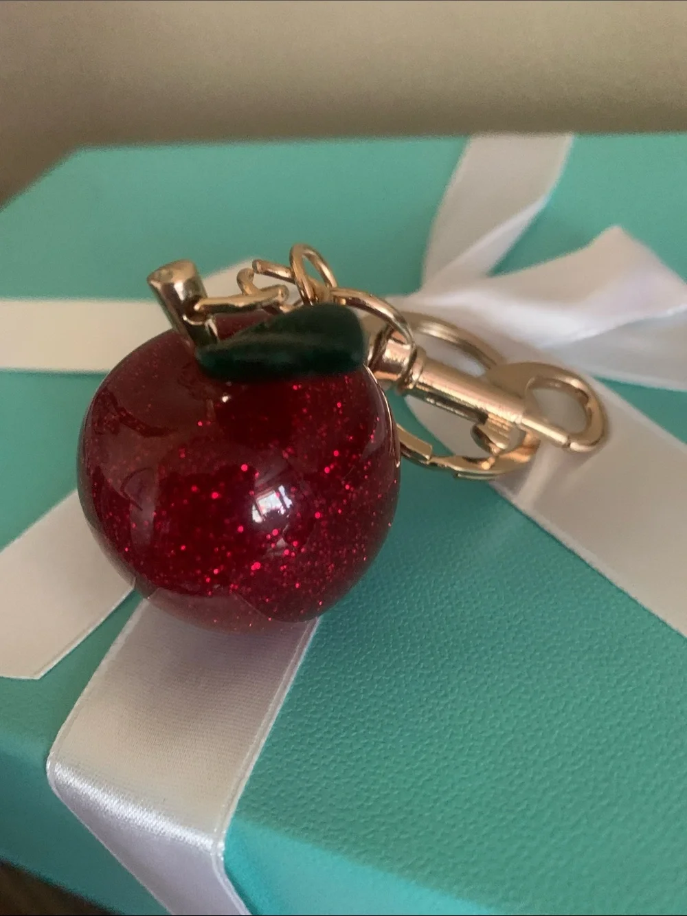 Gold-Tone Cherry Keychain with Red Glitter Apple Charm